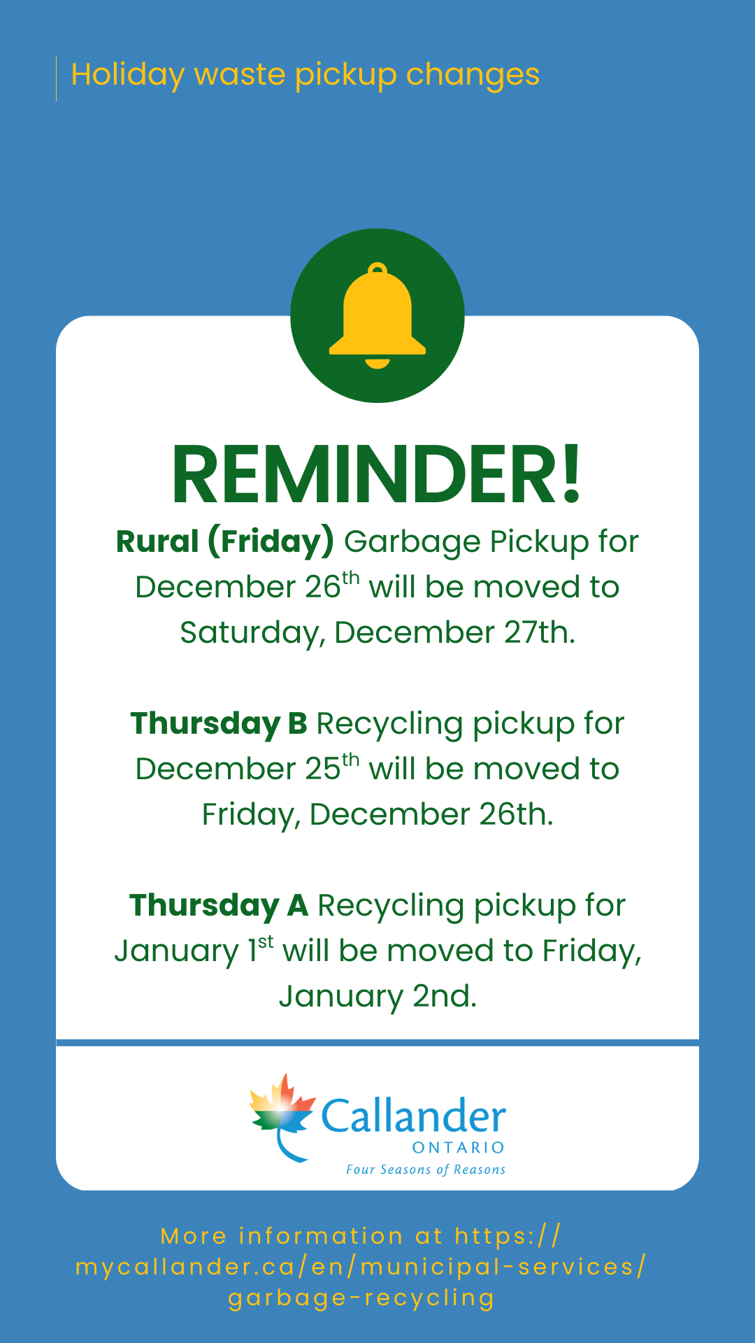 📢 Holiday Waste Pickup Changes!